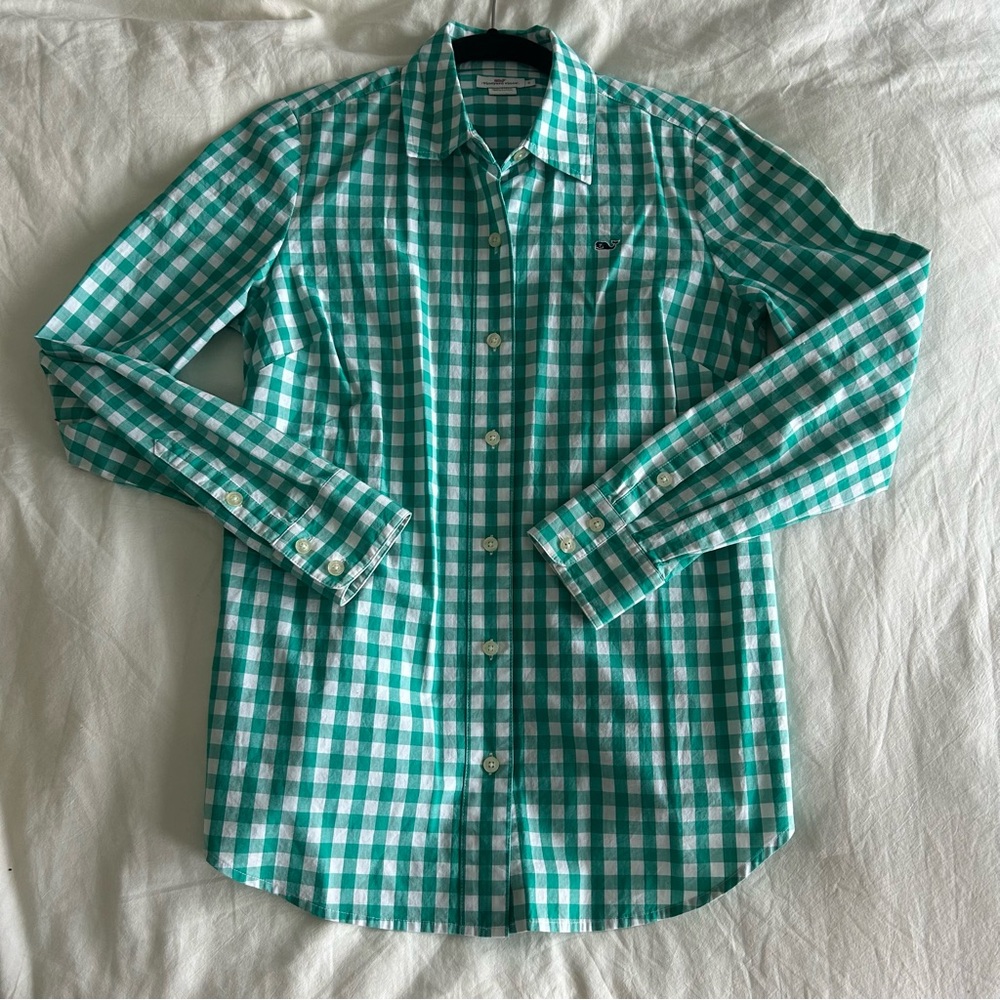 Vineyard Vines teal & white button down women’s shirt, size 2 EUC